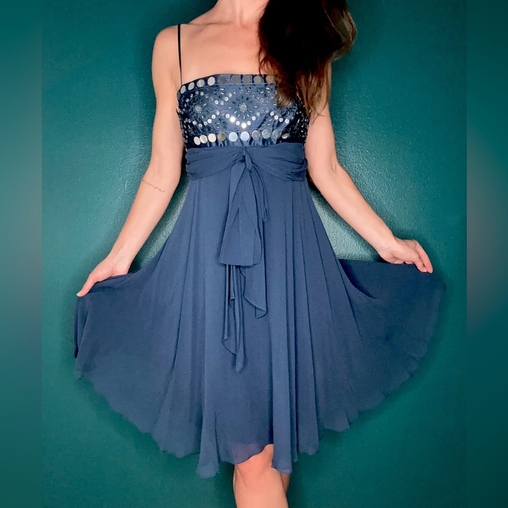 BCBG MaxAzria navy flow dress with mirror beading